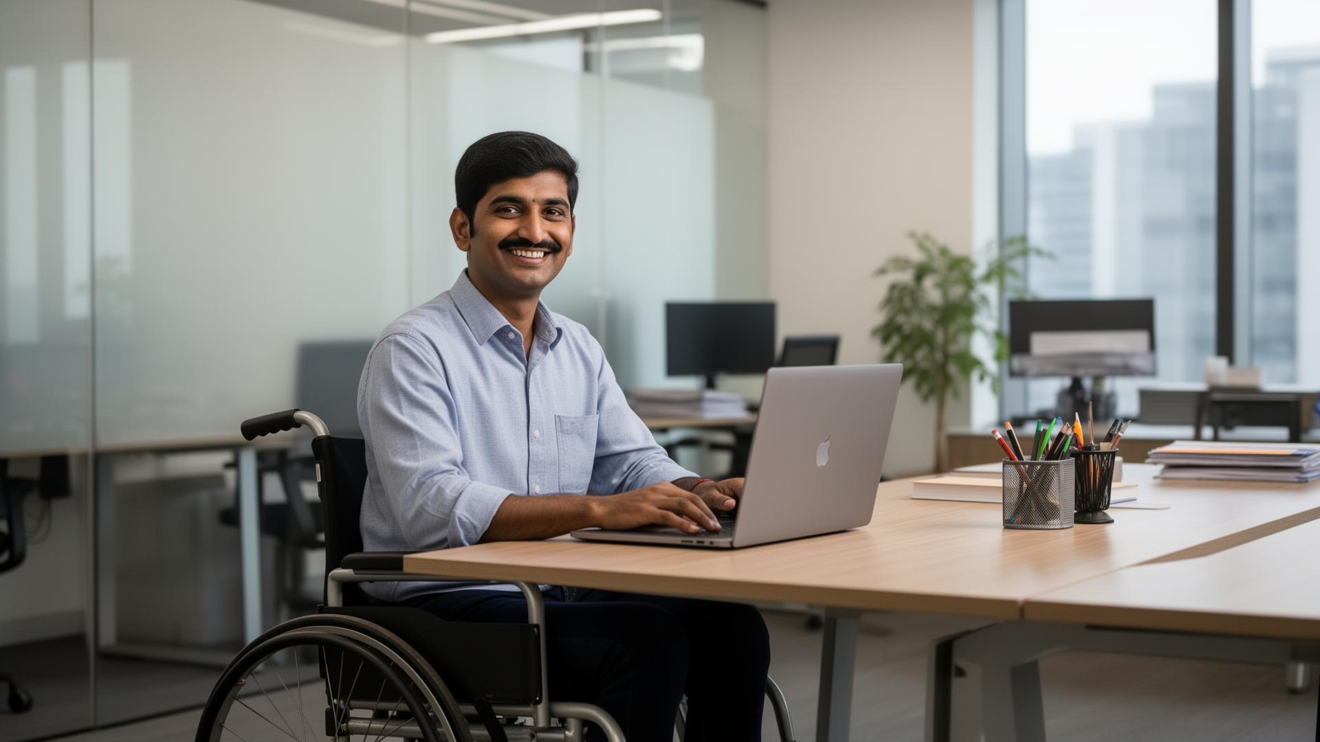 Wheelchair user working in office
